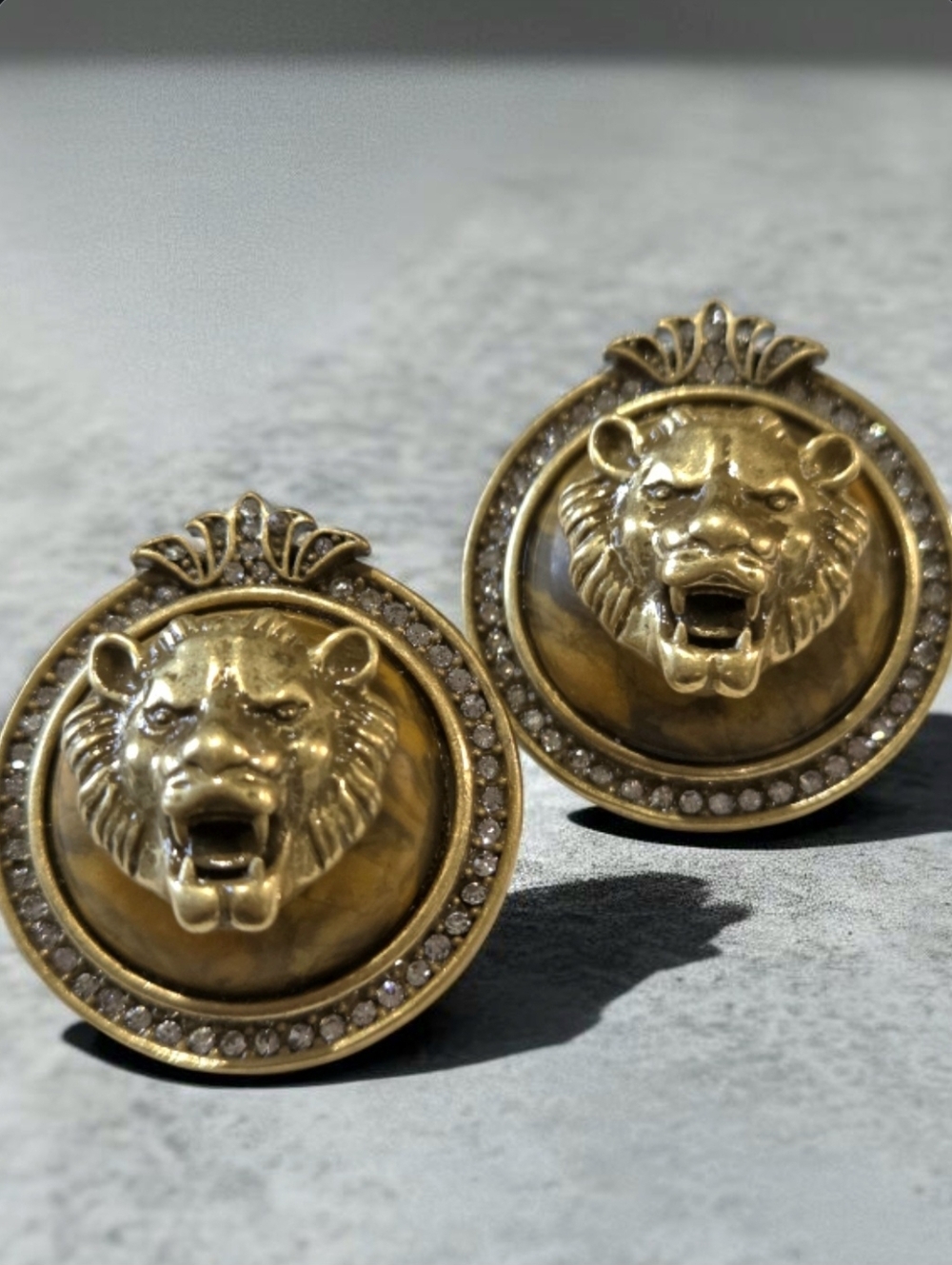 Antiqued Gold Chunky Lion Tigers Eye High Domed Crsytal Earrings